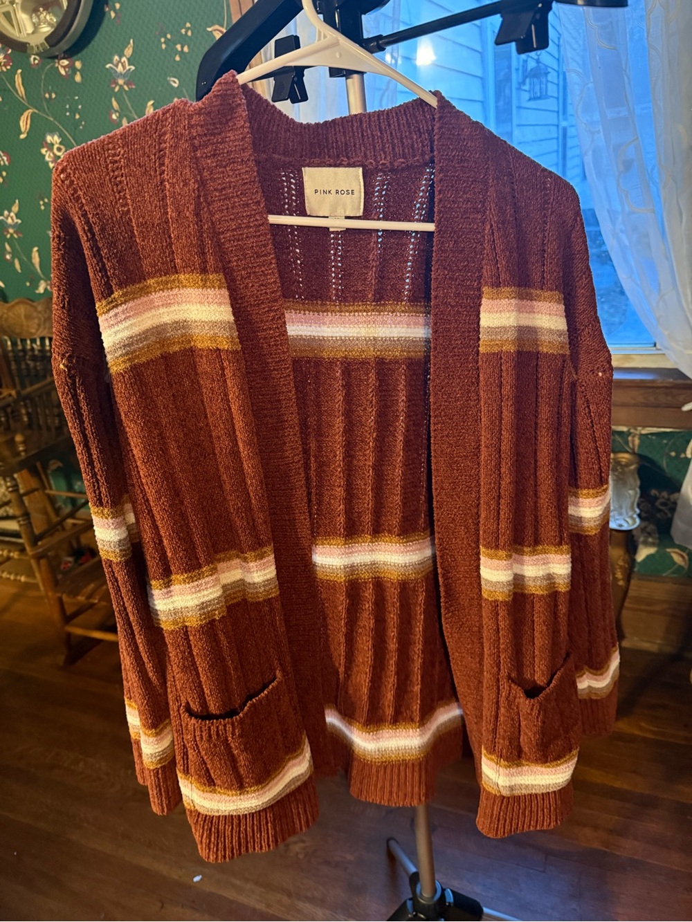 Pink Rose Rust Open-Front Cardigan with Cream, Pink, and Mustard Stripes